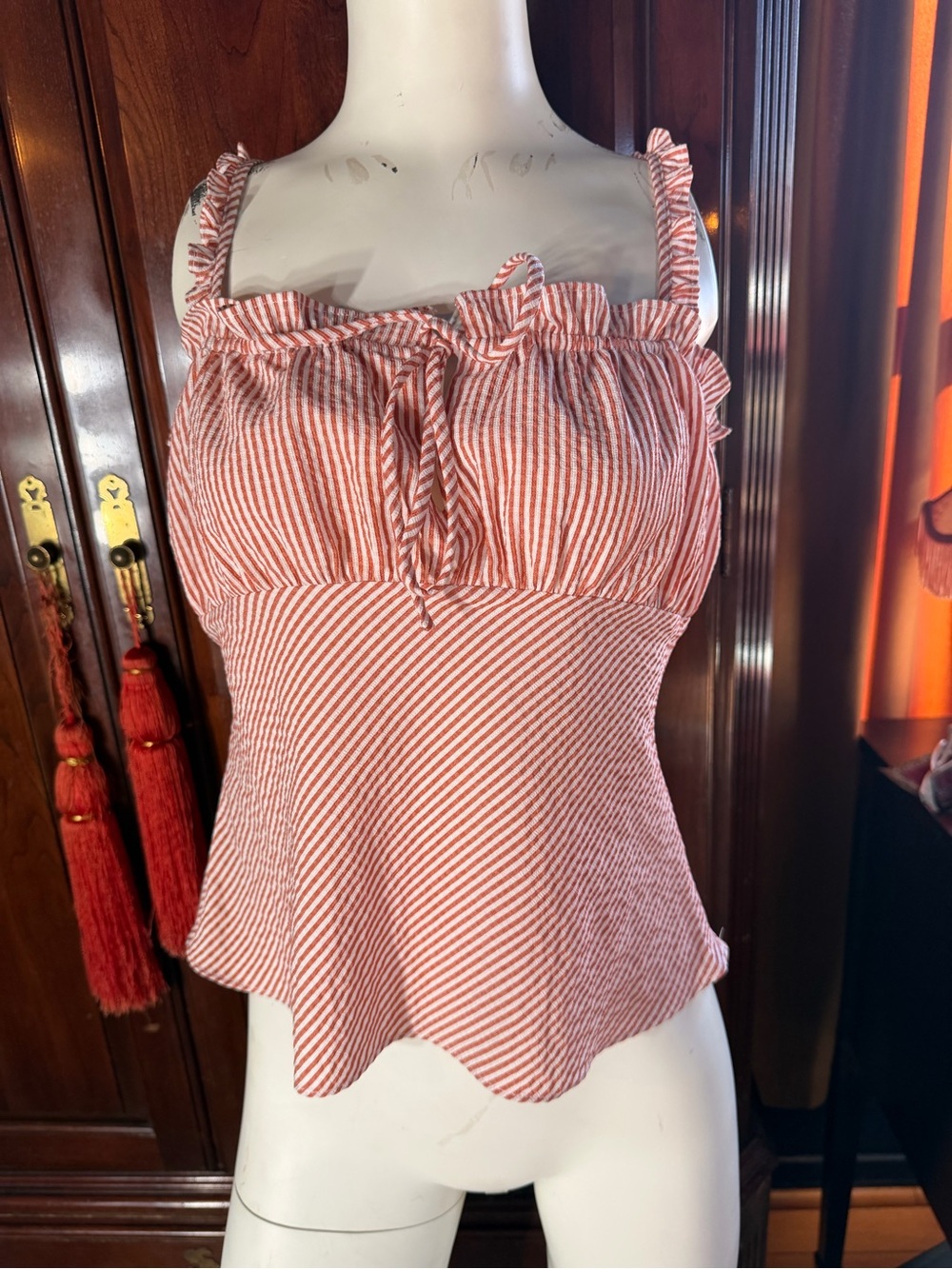 Red Striped Ruffle Tie-Front Women's Cami